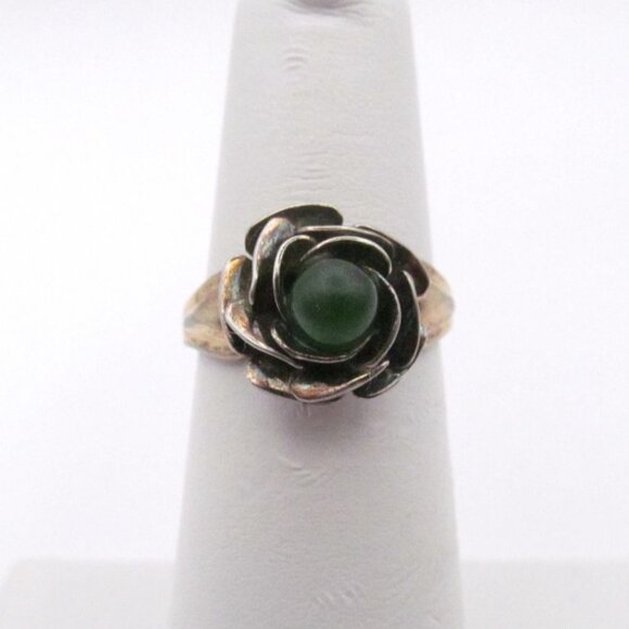 Gold Plated Sterling Silver Jade Floral Ring Signed JP Size 5.5 - Picture 14 of 15